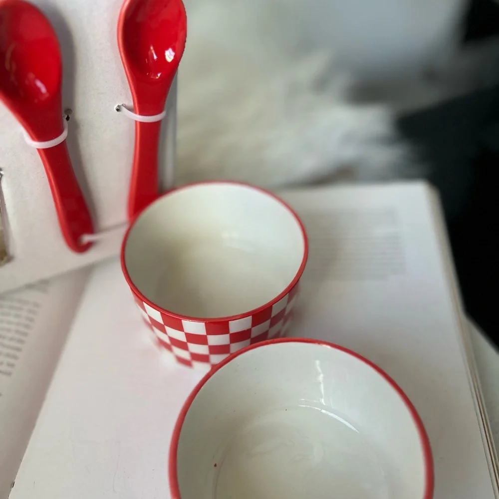 Red and White Checkered Ceramic Bowls with Spoons